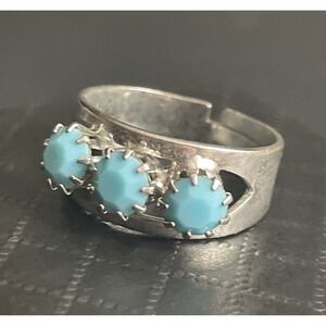 Vintage Lucite Statement Ring Adjustable Stack Blue Silver Tone Prong Set NOS